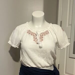 Lucky Brand White Peasant Blouse with Pink Floral Embroidery